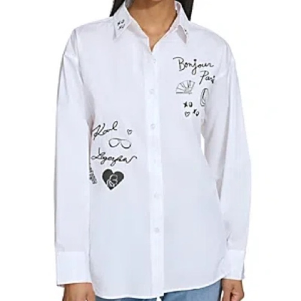 Karl Lagerfeld Paris Oversized Whimsy Button Up Shirt.